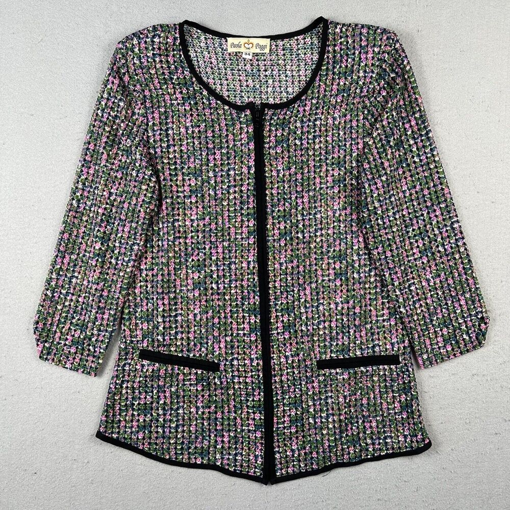 Paola Poggi Italy Knit Jacket Women’s 34 Multicolor Long Sleeve Round Neck
